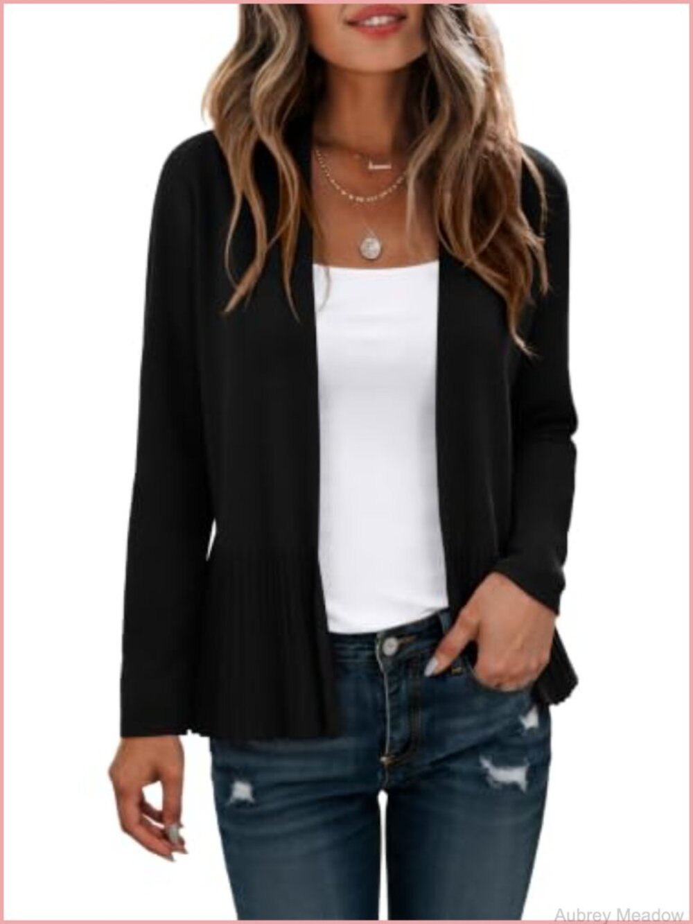 Lightweight Viscose Open Front Cardigan Sweater Pleated Ruffle Hem